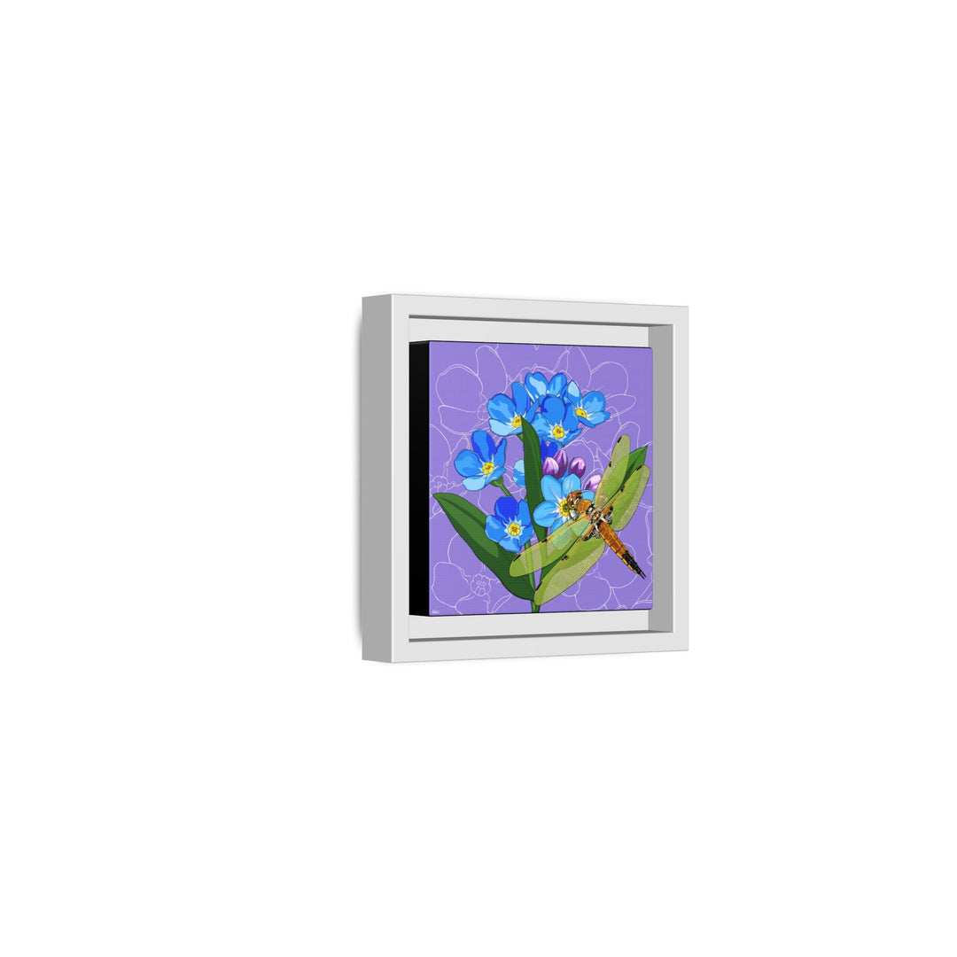 Alaska State Flower + Insect: Forget Me Not + Four-spot Skimmer Dragonfly — Framed Canvas Print Wall Art