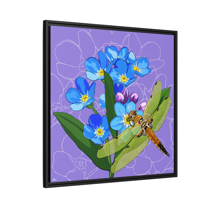 Alaska State Flower + Insect: Forget Me Not + Four-spot Skimmer Dragonfly — Framed Canvas Print Wall Art