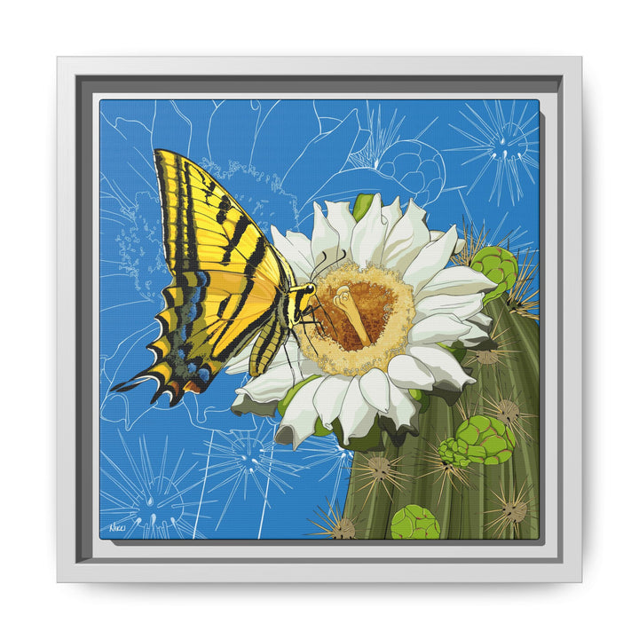 Arizona State Flower + Insect: Saguaro Cactus Blossom + Two-tailed Swallowtail Butterfly — Framed Canvas Print Wall Art