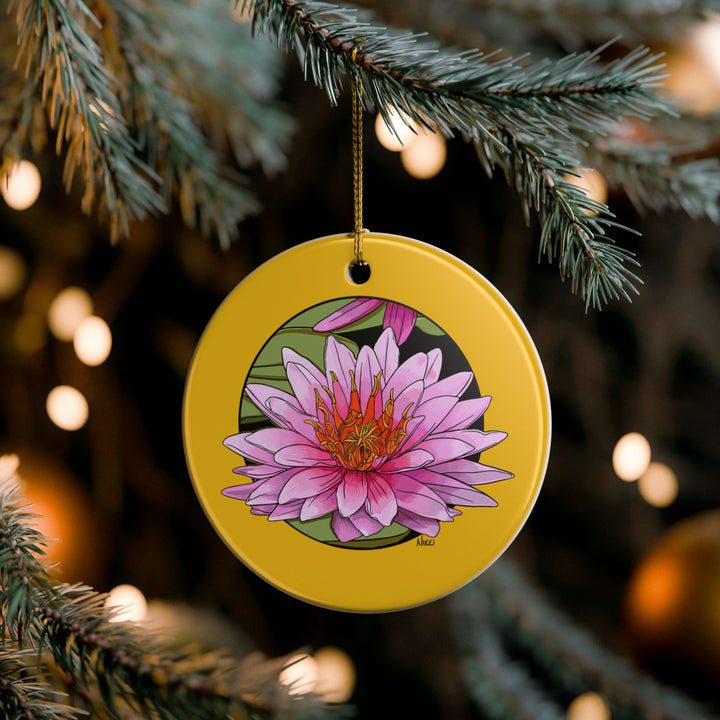 Pink Water Lily Ceramic Ornament — Double-Sided Holiday Decor
