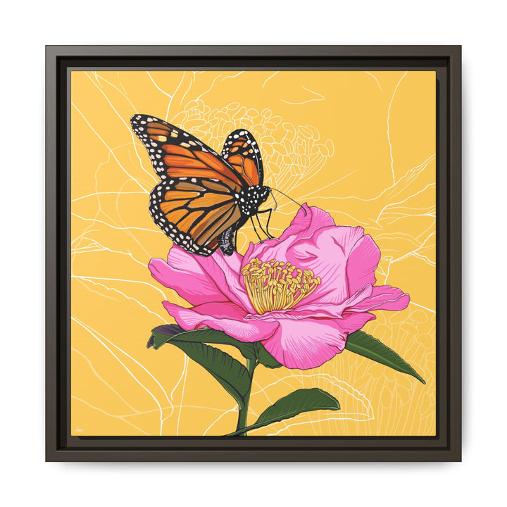 Alabama State Flower + Insect: Monarch Butterfly on Pink Camellia — Framed Canvas Print Wall Art