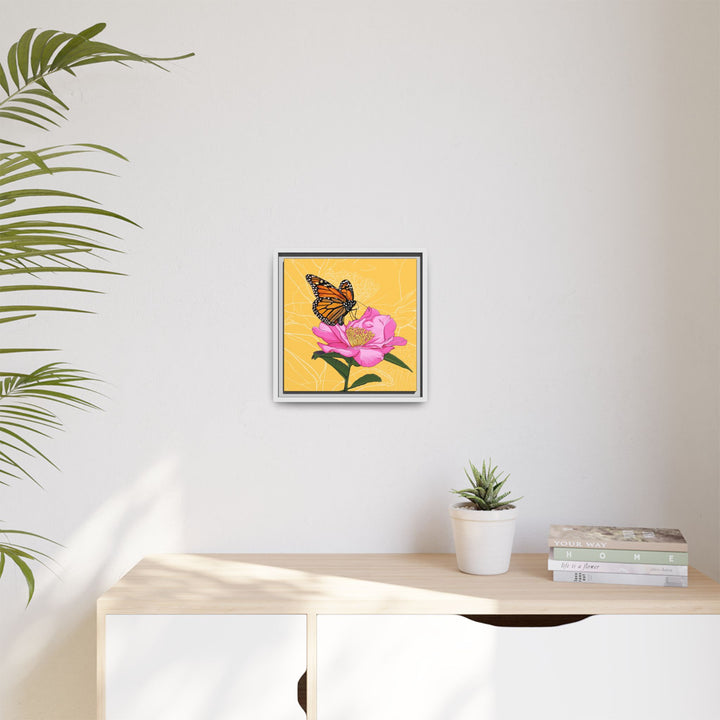 Alabama State Flower + Insect: Monarch Butterfly on Pink Camellia — Framed Canvas Print Wall Art