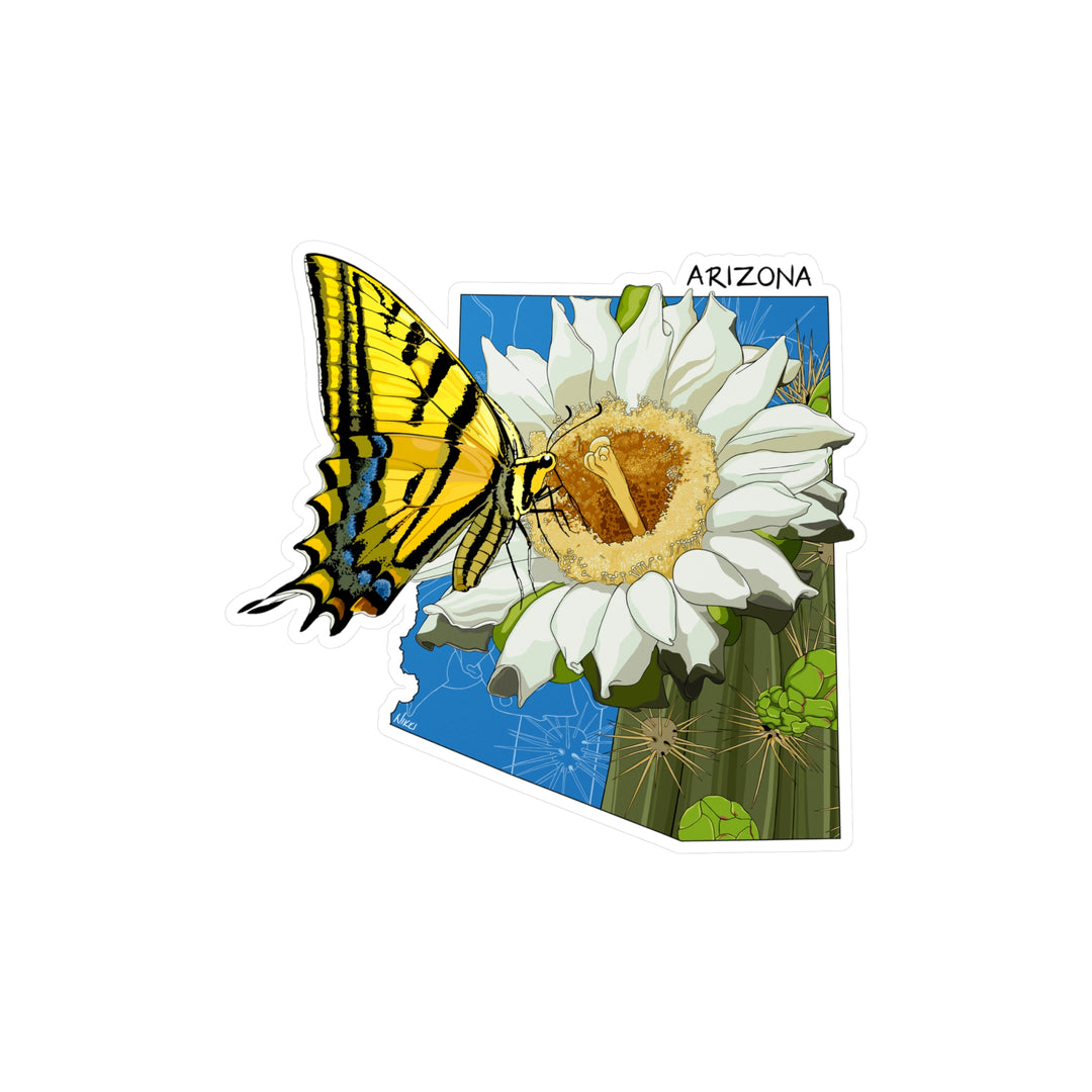 Arizona State Flowers + Insects Sticker — Saguaro Cactus Blossom + Two-tailed Swallowtail Butterfly  — Kiss-Cut Vinyl Decal