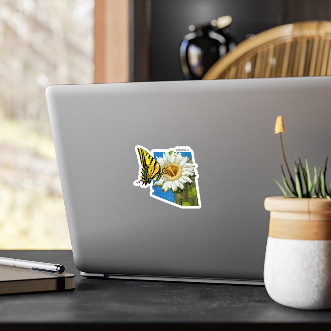 Arizona State Flowers + Insects Sticker — Saguaro Cactus Blossom + Two-tailed Swallowtail Butterfly  — Kiss-Cut Vinyl Decal