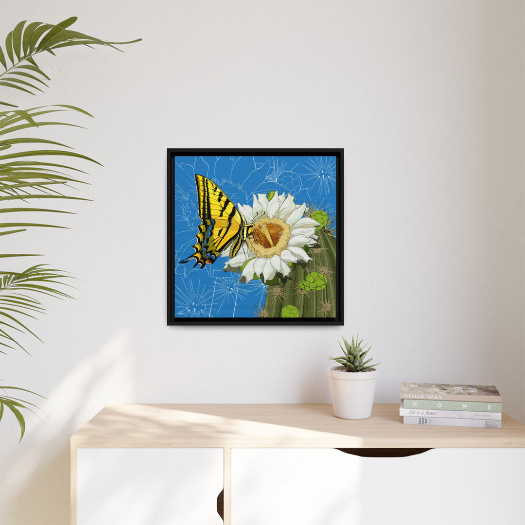 Arizona State Flower + Insect: Saguaro Cactus Blossom + Two-tailed Swallowtail Butterfly — Framed Canvas Print Wall Art