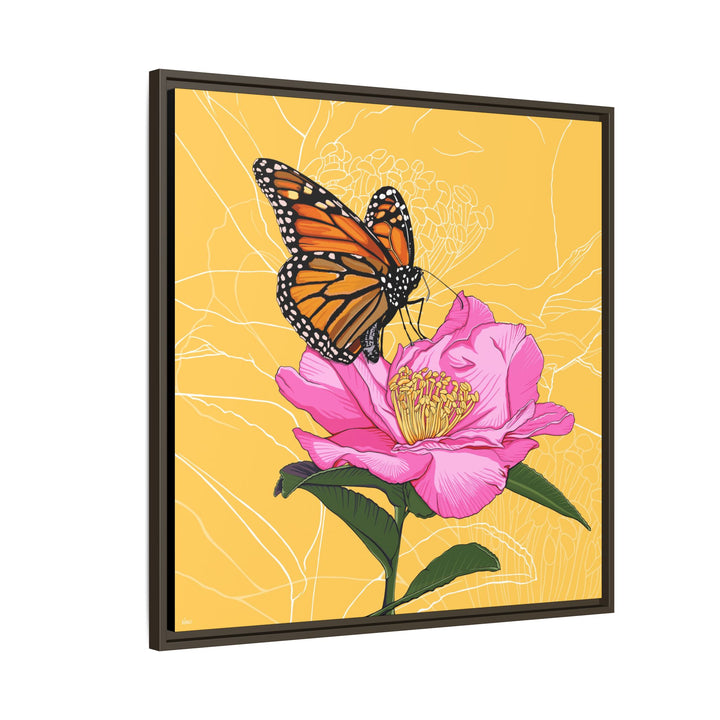Alabama State Flower + Insect: Monarch Butterfly on Pink Camellia — Framed Canvas Print Wall Art