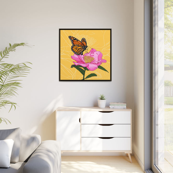 Alabama State Flower + Insect: Monarch Butterfly on Pink Camellia — Framed Canvas Print Wall Art