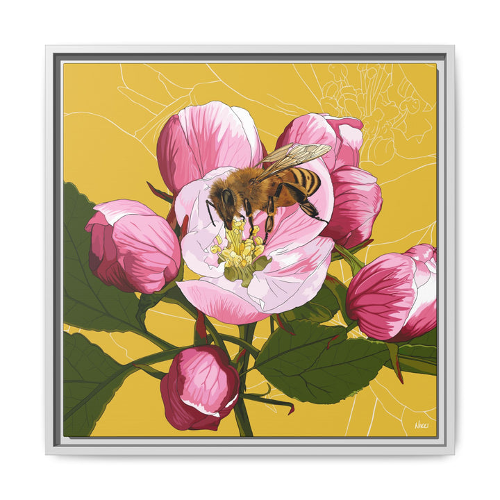 Apple Blossom & Honeybee Framed Canvas — Arkansas State Flower Wall Art