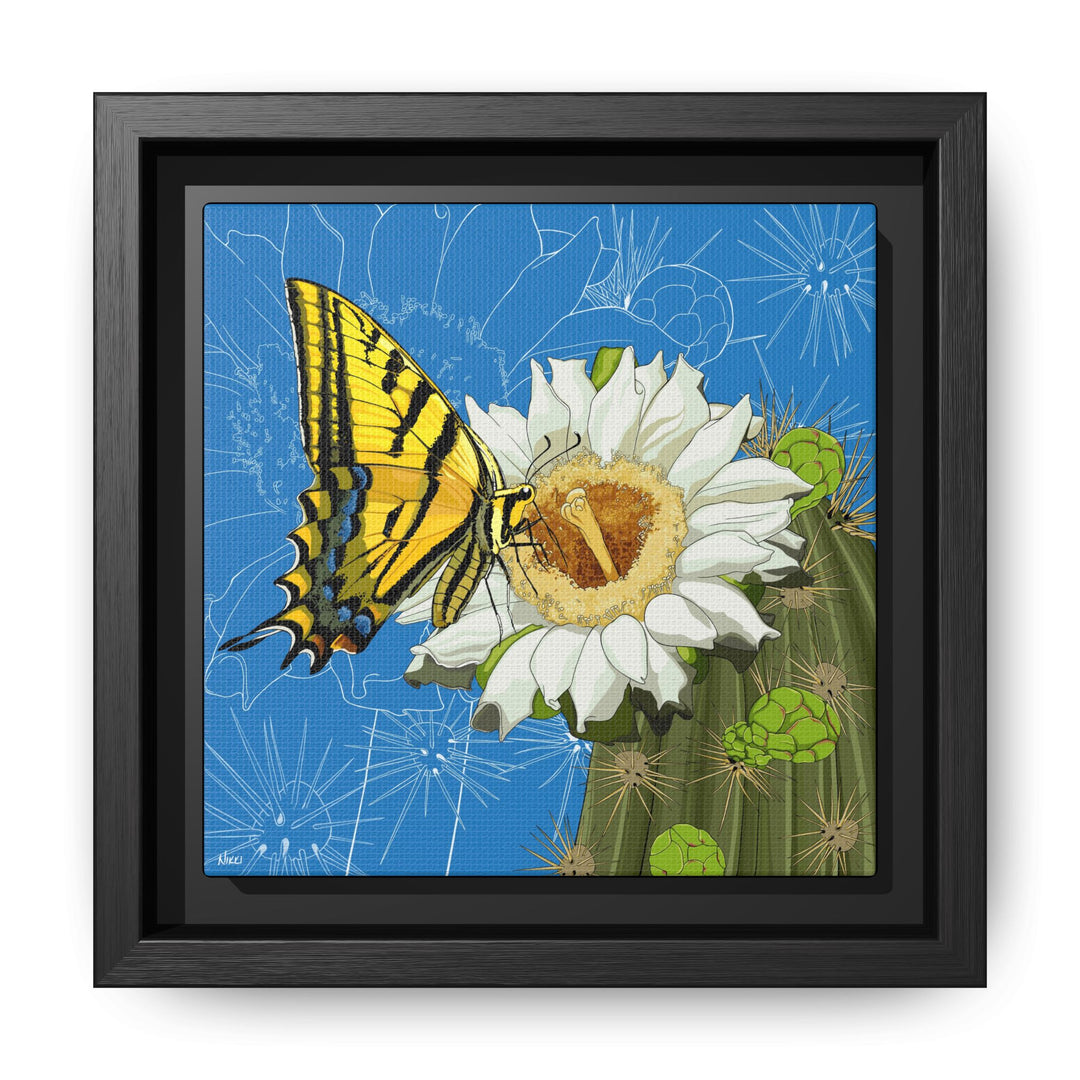 Arizona State Flower + Insect: Saguaro Cactus Blossom + Two-tailed Swallowtail Butterfly — Framed Canvas Print Wall Art