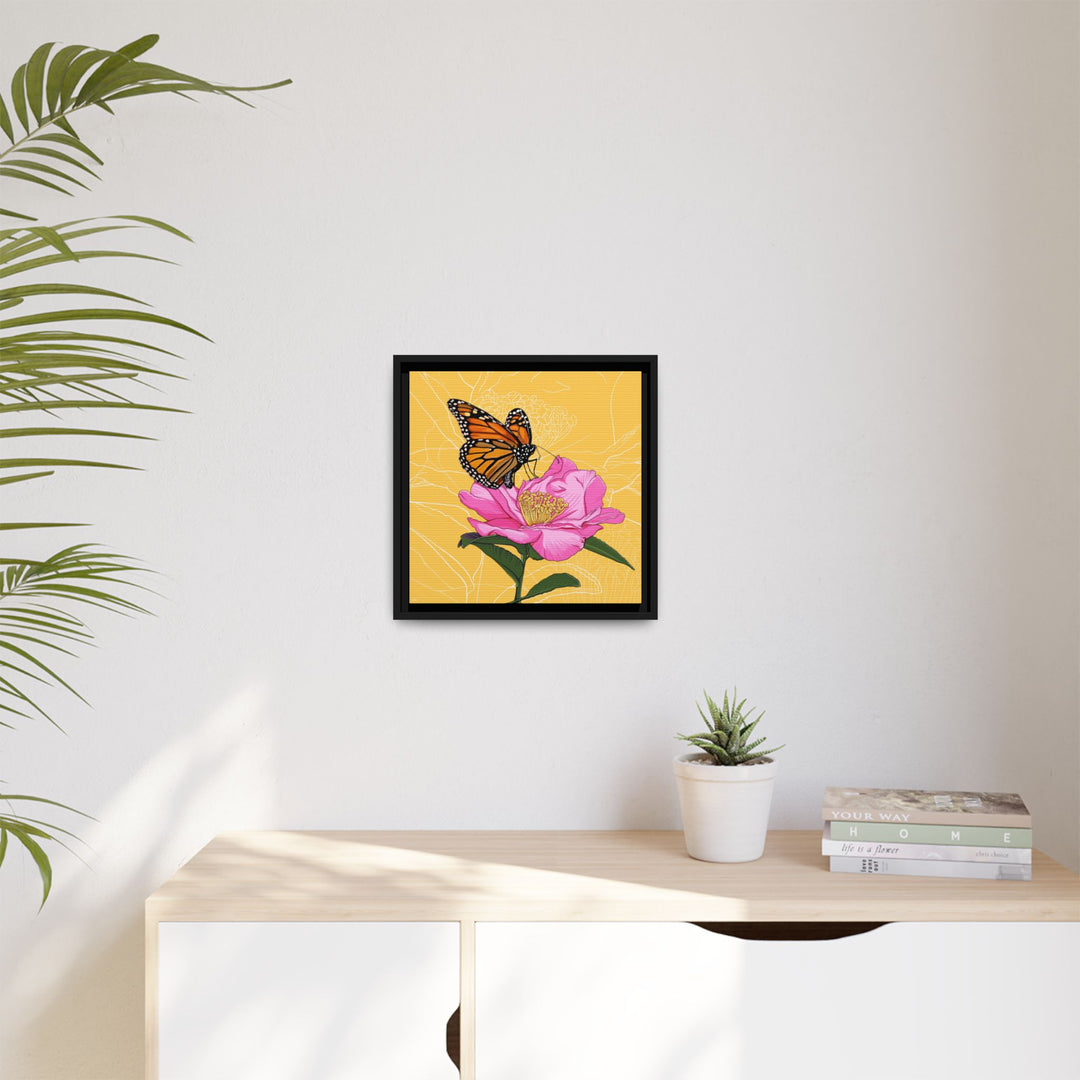 Alabama State Flower + Insect: Monarch Butterfly on Pink Camellia — Framed Canvas Print Wall Art