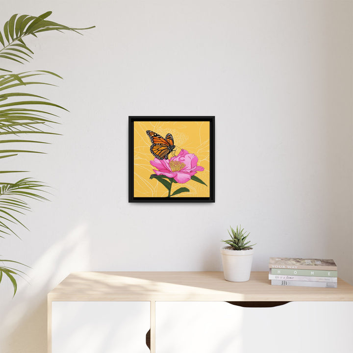 Alabama State Flower + Insect: Monarch Butterfly on Pink Camellia — Framed Canvas Print Wall Art