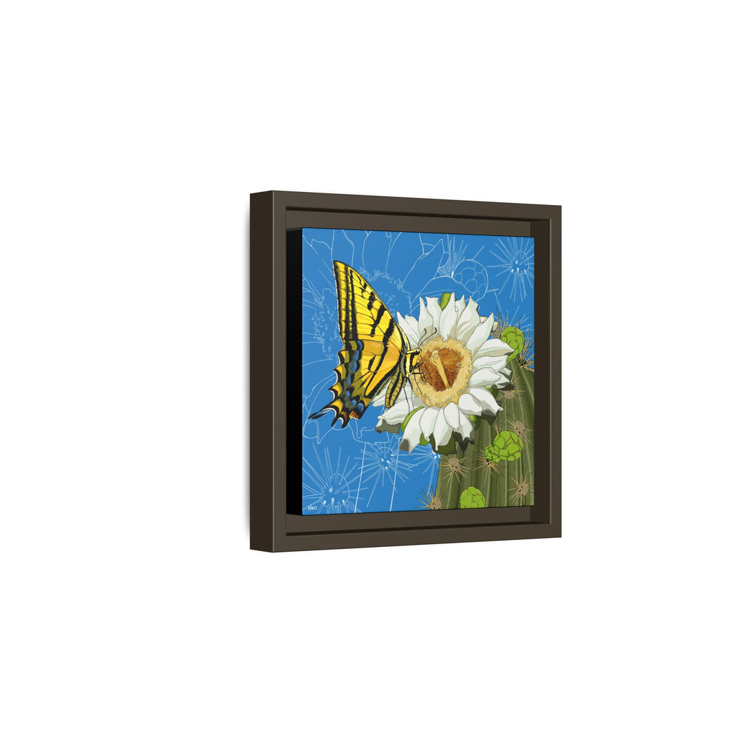 Arizona State Flower + Insect: Saguaro Cactus Blossom + Two-tailed Swallowtail Butterfly — Framed Canvas Print Wall Art
