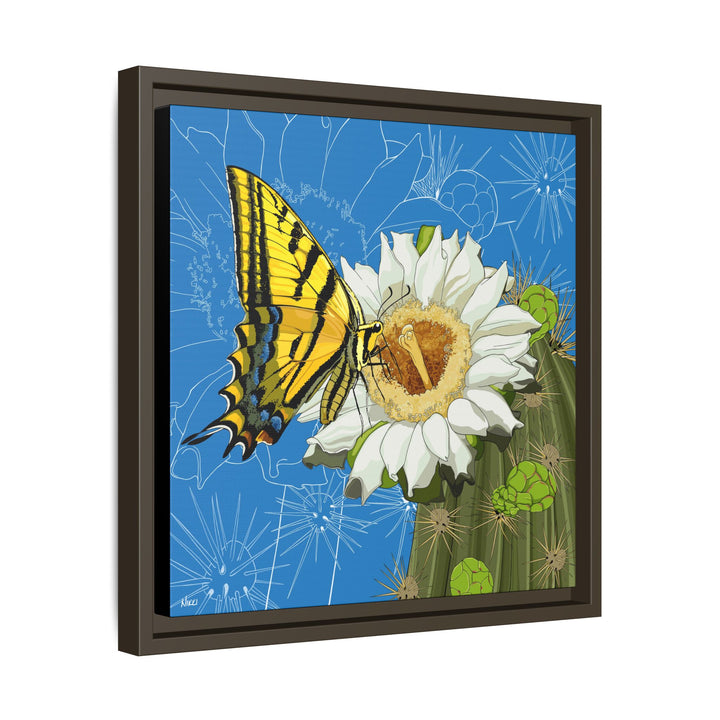 Arizona State Flower + Insect: Saguaro Cactus Blossom + Two-tailed Swallowtail Butterfly — Framed Canvas Print Wall Art