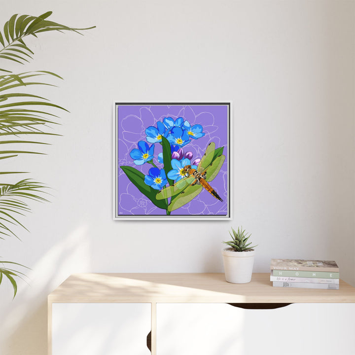 Alaska State Flower + Insect: Forget Me Not + Four-spot Skimmer Dragonfly — Framed Canvas Print Wall Art