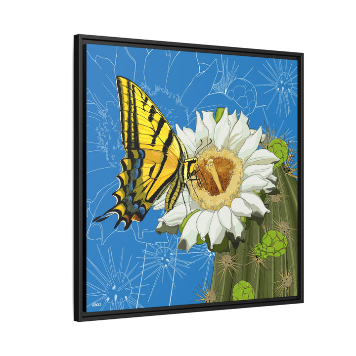 Arizona State Flower + Insect: Saguaro Cactus Blossom + Two-tailed Swallowtail Butterfly — Framed Canvas Print Wall Art