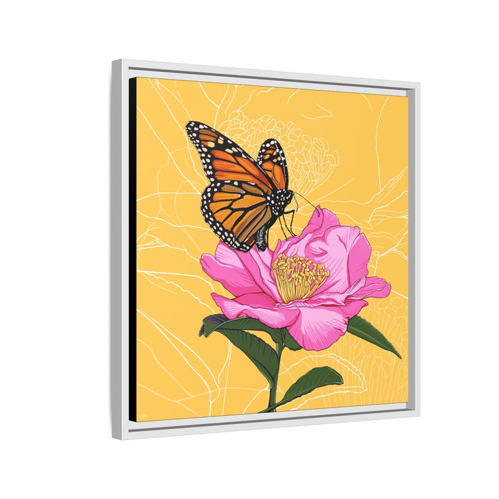 Alabama State Flower + Insect: Monarch Butterfly on Pink Camellia — Framed Canvas Print Wall Art