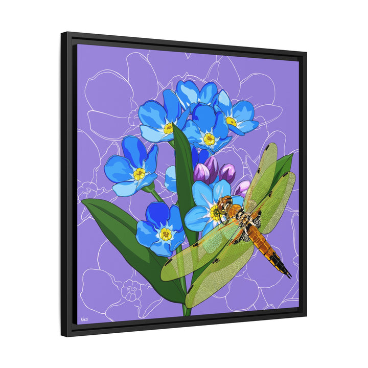 Alaska State Flower + Insect: Forget Me Not + Four-spot Skimmer Dragonfly — Framed Canvas Print Wall Art