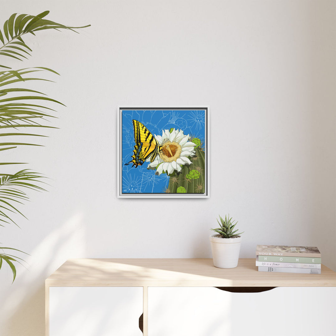 Arizona State Flower + Insect: Saguaro Cactus Blossom + Two-tailed Swallowtail Butterfly — Framed Canvas Print Wall Art