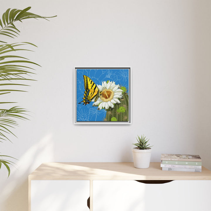 Arizona State Flower + Insect: Saguaro Cactus Blossom + Two-tailed Swallowtail Butterfly — Framed Canvas Print Wall Art
