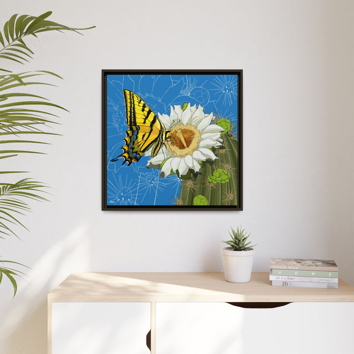 Arizona State Flower + Insect: Saguaro Cactus Blossom + Two-tailed Swallowtail Butterfly — Framed Canvas Print Wall Art