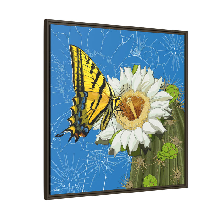 Arizona State Flower + Insect: Saguaro Cactus Blossom + Two-tailed Swallowtail Butterfly — Framed Canvas Print Wall Art