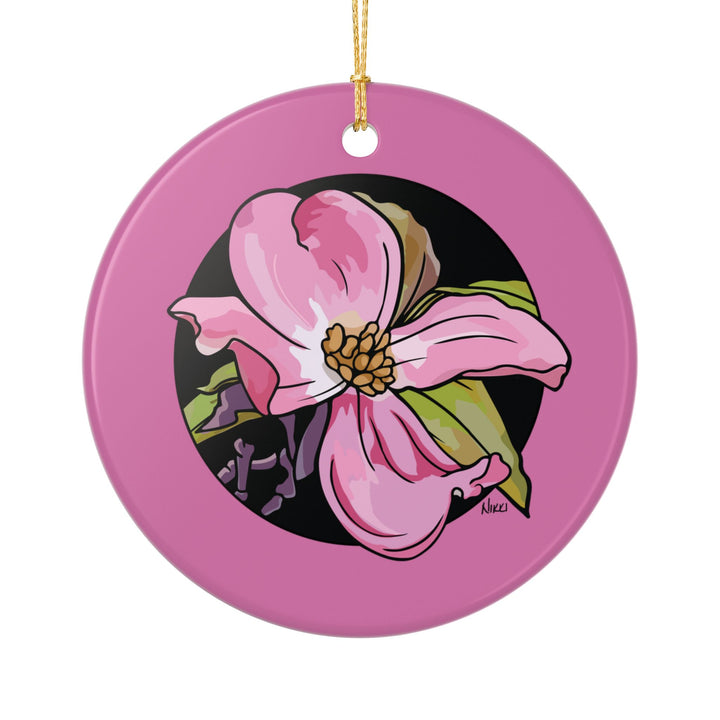 Pink Dogwood Ceramic Ornament — Double-Sided Floral Holiday Decor