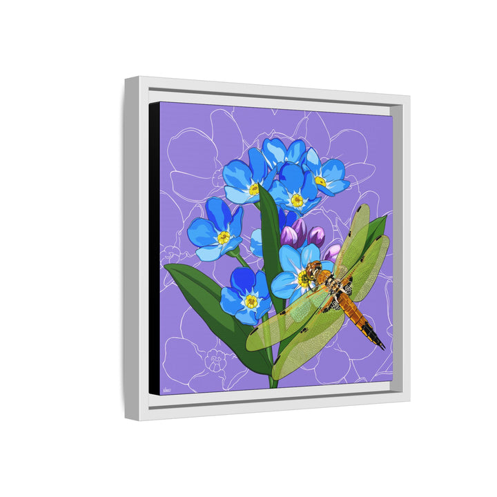 Alaska State Flower + Insect: Forget Me Not + Four-spot Skimmer Dragonfly — Framed Canvas Print Wall Art