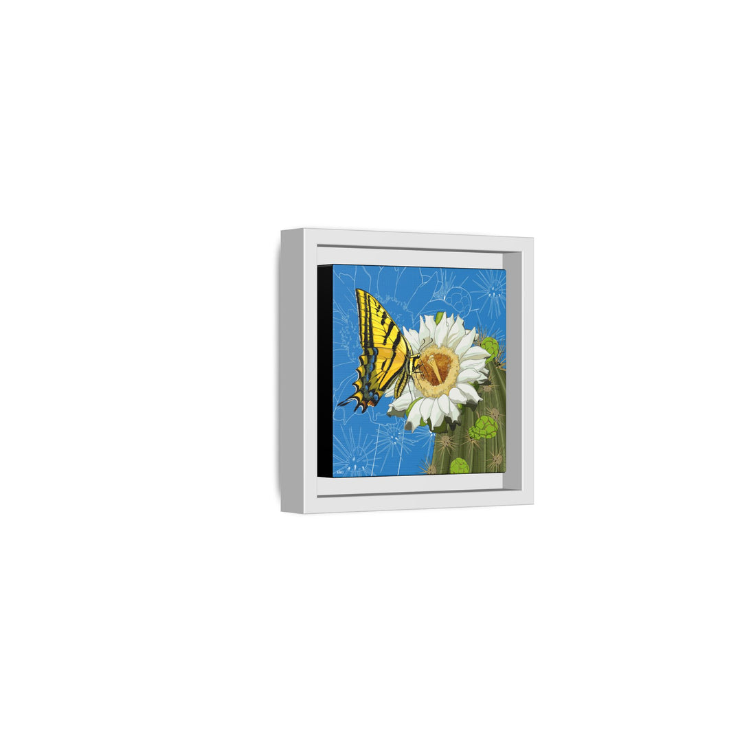 Arizona State Flower + Insect: Saguaro Cactus Blossom + Two-tailed Swallowtail Butterfly — Framed Canvas Print Wall Art