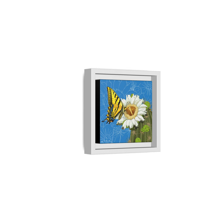 Arizona State Flower + Insect: Saguaro Cactus Blossom + Two-tailed Swallowtail Butterfly — Framed Canvas Print Wall Art