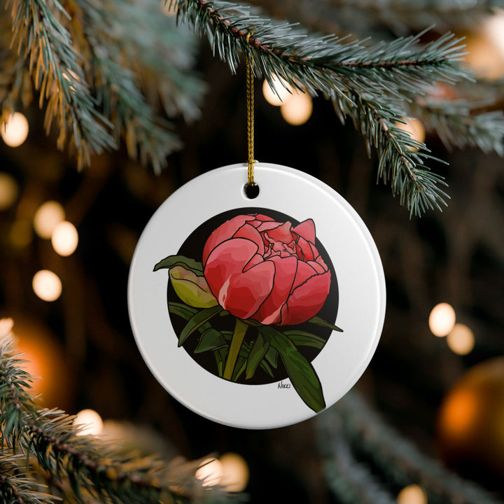 Peony Bud Ceramic Ornament — Two-Sided Floral Holiday Decoration