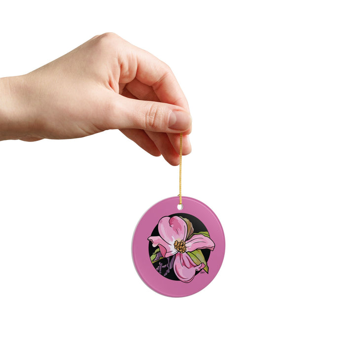 Pink Dogwood Ceramic Ornament — Double-Sided Floral Holiday Decor