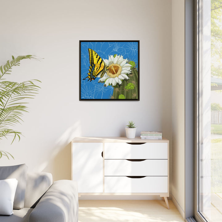 Arizona State Flower + Insect: Saguaro Cactus Blossom + Two-tailed Swallowtail Butterfly — Framed Canvas Print Wall Art