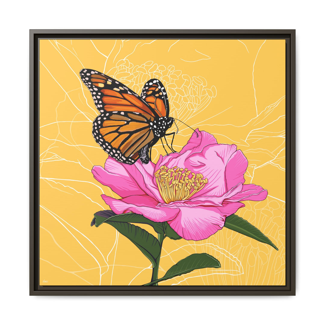 Alabama State Flower + Insect: Monarch Butterfly on Pink Camellia — Framed Canvas Print Wall Art