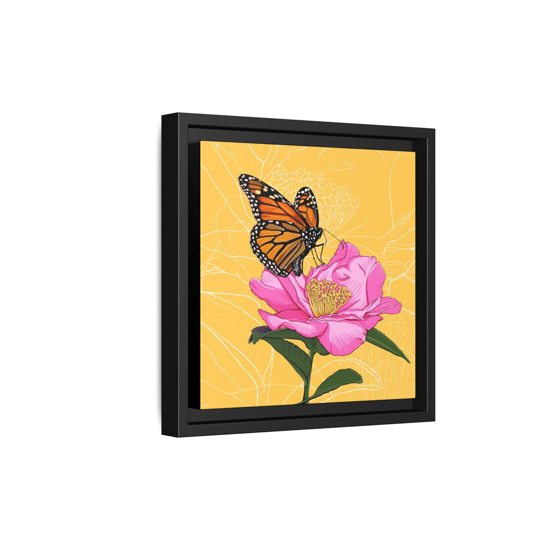 Alabama State Flower + Insect: Monarch Butterfly on Pink Camellia — Framed Canvas Print Wall Art