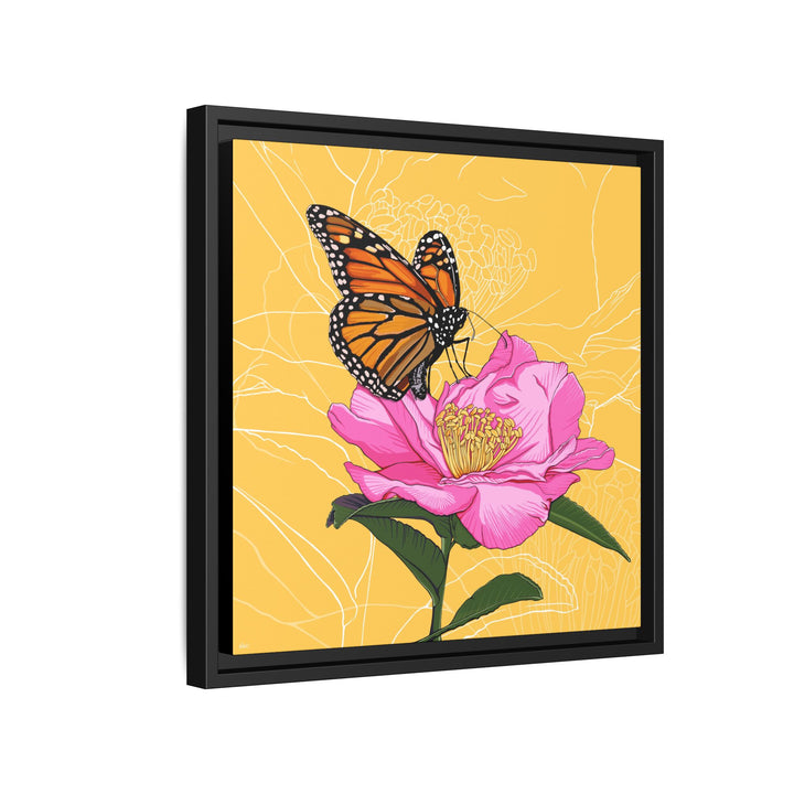 Alabama State Flower + Insect: Monarch Butterfly on Pink Camellia — Framed Canvas Print Wall Art
