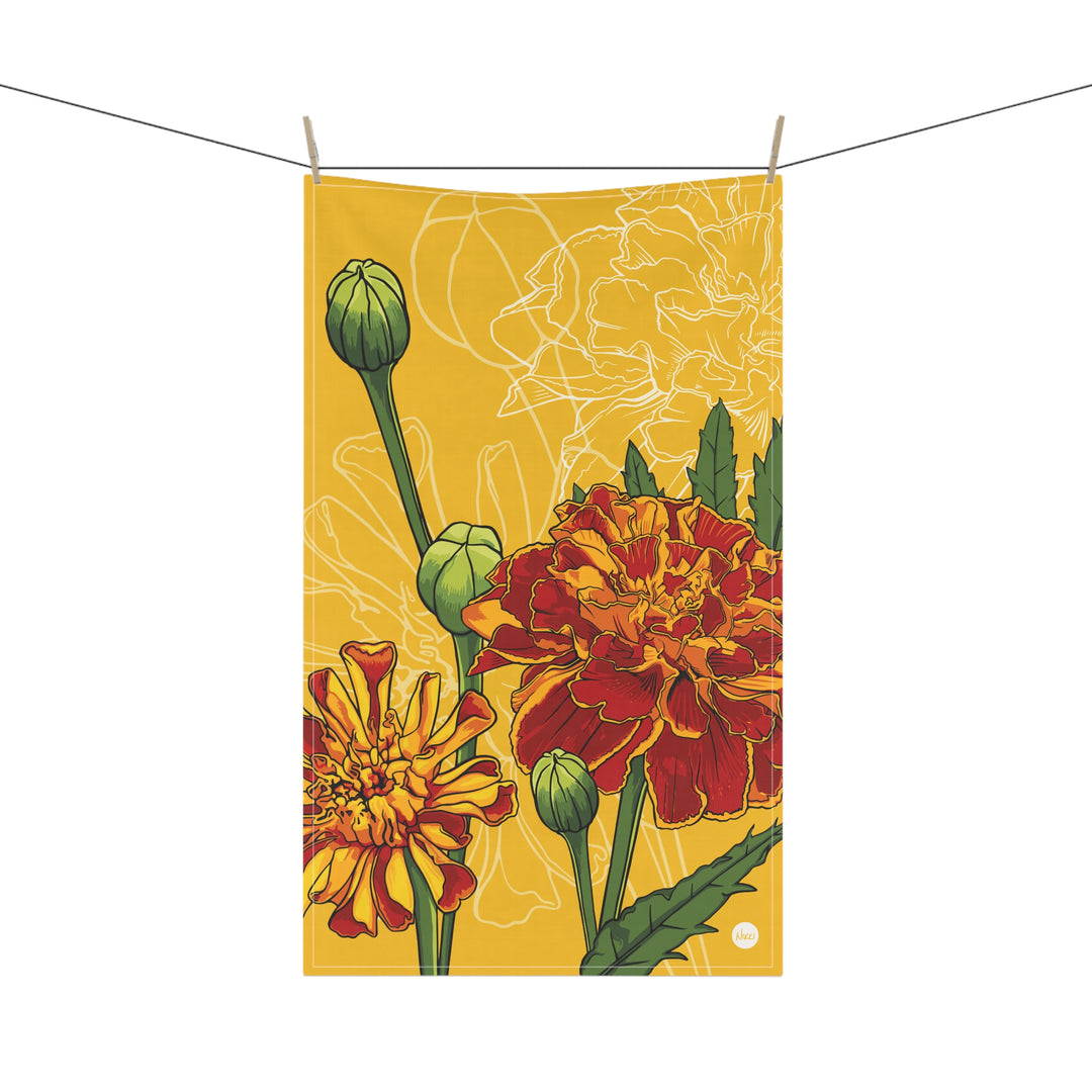 Marigold Cotton Tea Towel — October Birth Month Flower Kitchen Towel