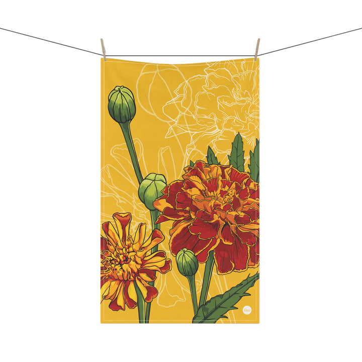 Marigold Cotton Tea Towel — October Birth Month Flower Kitchen Towel