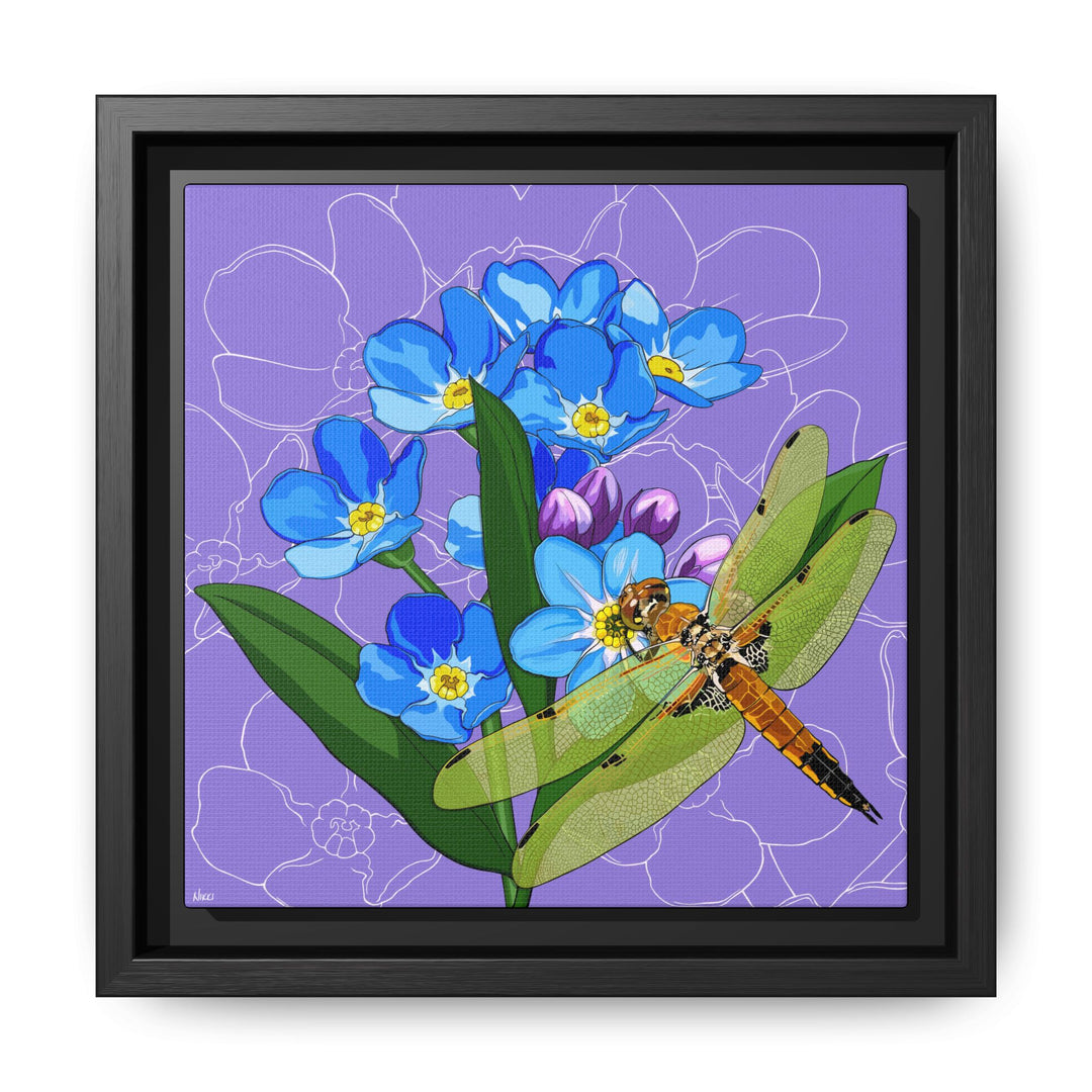 Alaska State Flower + Insect: Forget Me Not + Four-spot Skimmer Dragonfly — Framed Canvas Print Wall Art