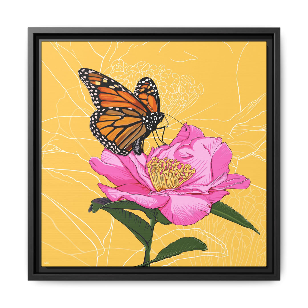 Alabama State Flower + Insect: Monarch Butterfly on Pink Camellia — Framed Canvas Print Wall Art