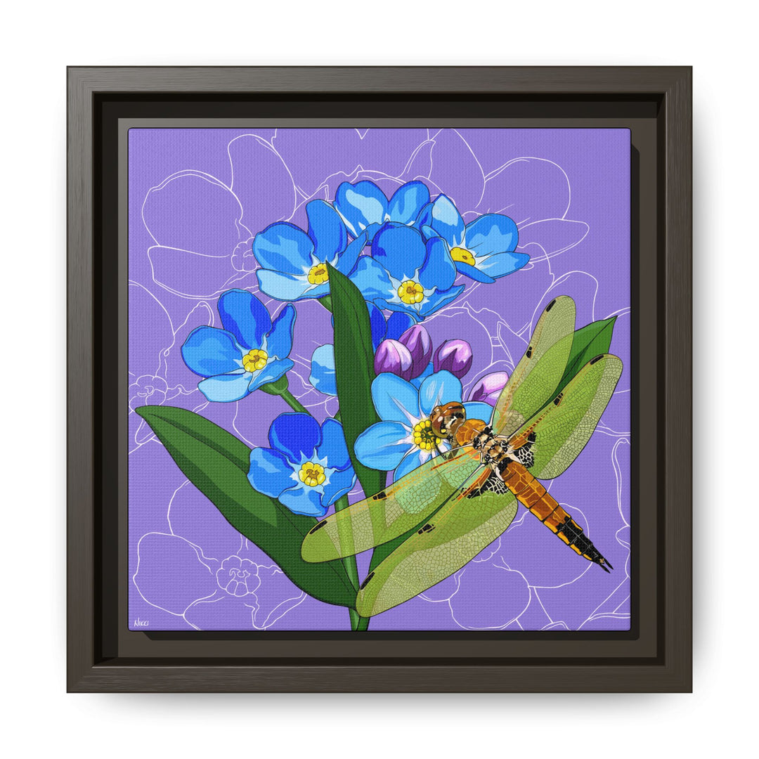 Alaska State Flower + Insect: Forget Me Not + Four-spot Skimmer Dragonfly — Framed Canvas Print Wall Art