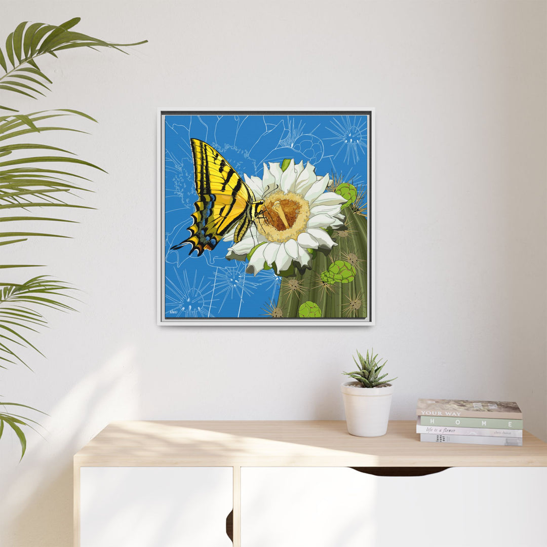 Arizona State Flower + Insect: Saguaro Cactus Blossom + Two-tailed Swallowtail Butterfly — Framed Canvas Print Wall Art