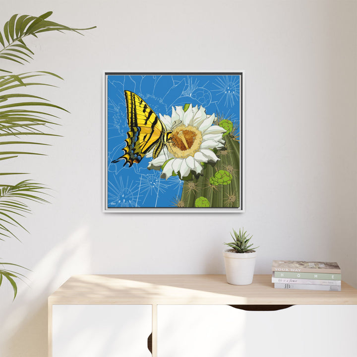 Arizona State Flower + Insect: Saguaro Cactus Blossom + Two-tailed Swallowtail Butterfly — Framed Canvas Print Wall Art