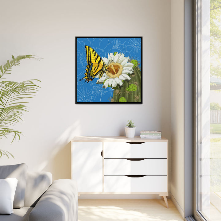 Arizona State Flower + Insect: Saguaro Cactus Blossom + Two-tailed Swallowtail Butterfly — Framed Canvas Print Wall Art