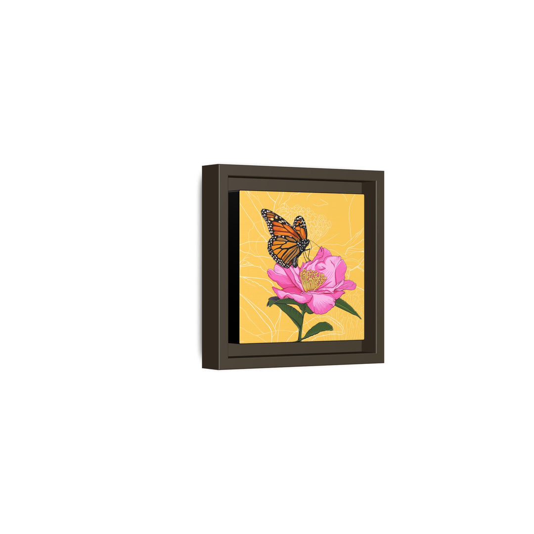 Alabama State Flower + Insect: Monarch Butterfly on Pink Camellia — Framed Canvas Print Wall Art