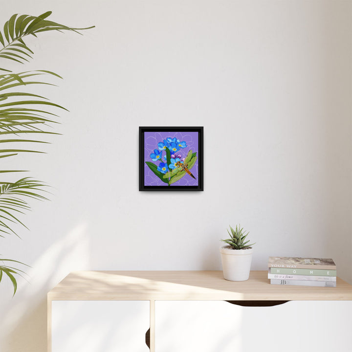 Alaska State Flower + Insect: Forget Me Not + Four-spot Skimmer Dragonfly — Framed Canvas Print Wall Art