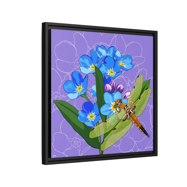 Alaska State Flower + Insect: Forget Me Not + Four-spot Skimmer Dragonfly — Framed Canvas Print Wall Art