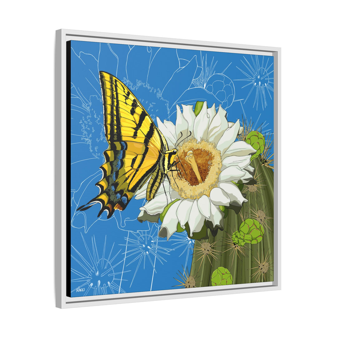 Arizona State Flower + Insect: Saguaro Cactus Blossom + Two-tailed Swallowtail Butterfly — Framed Canvas Print Wall Art