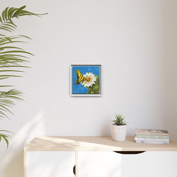 Arizona State Flower + Insect: Saguaro Cactus Blossom + Two-tailed Swallowtail Butterfly — Framed Canvas Print Wall Art