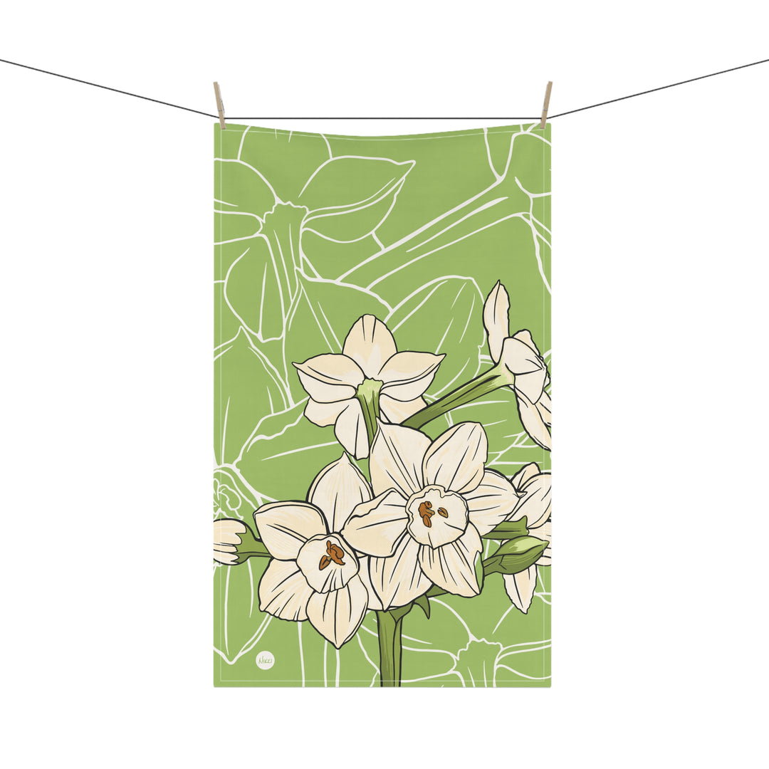 Paperwhite Floral Tea Towel — December Birth Month Flower Kitchen Towel