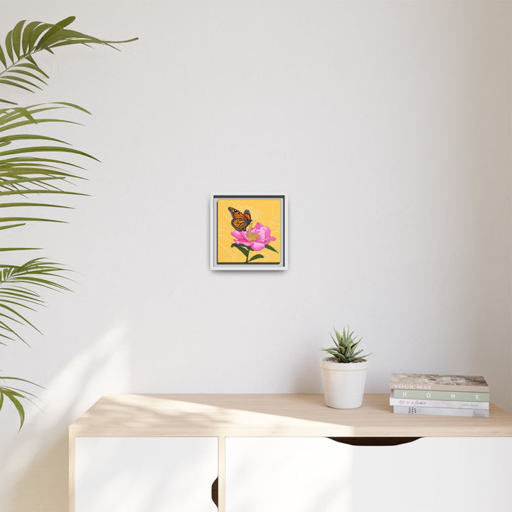 Alabama State Flower + Insect: Monarch Butterfly on Pink Camellia — Framed Canvas Print Wall Art